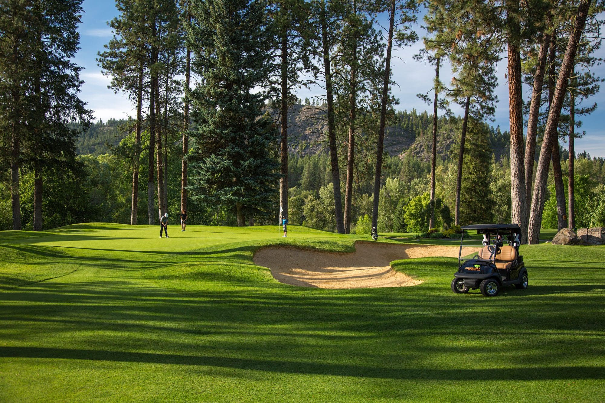 The team. Players and golf cart on green. Kalispel Golf & Country Club